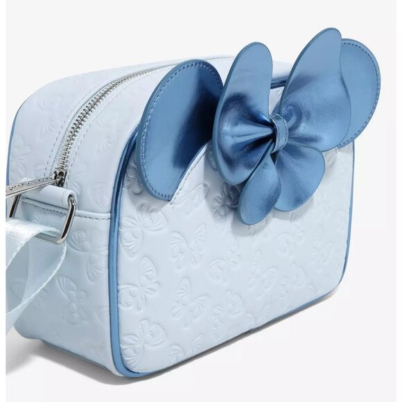 Disney Loungefly Minnie Mouse Crossbody Bag Blue Satin Bow Butterfly Embossed - Picture 3 of 4
